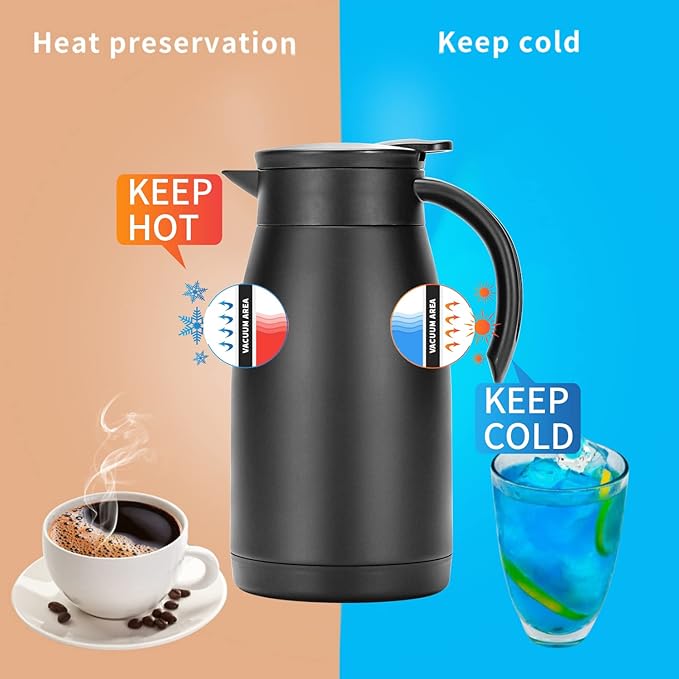 34 Oz Thermal Coffee Carafe, Stainless Steel Insulated Vacuum Coffee Carafes For Keeping Hot, 1 Liter Tea, Water, and Coffee Beverage Dispenser(Black)