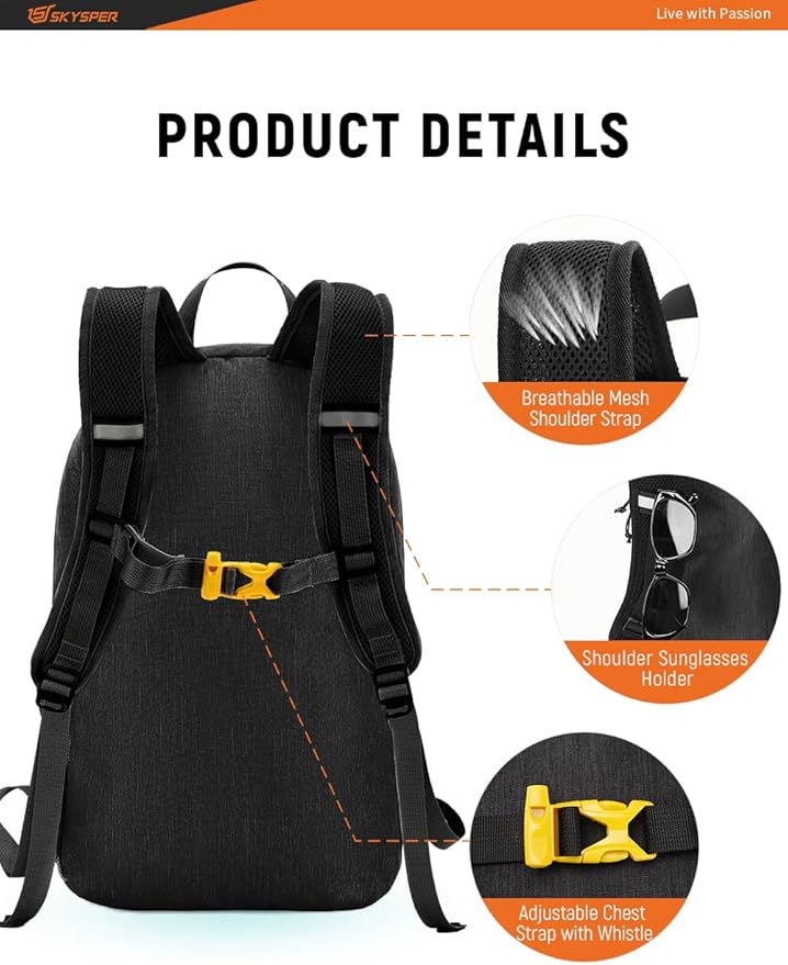 SKYSPER Foldable Small Backpack – 20L Lightweight Hiking Daypack with Chest Belt Packable Travel Rucksack for Women Men