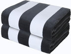 Exclusivo Mezcla 2 Pack Cotton Oversized 35x70 Inches Cabana Stripe Beach Towels, Super Absorbent Soft Plush Pool Bath Towel (Charcoal Grey)
