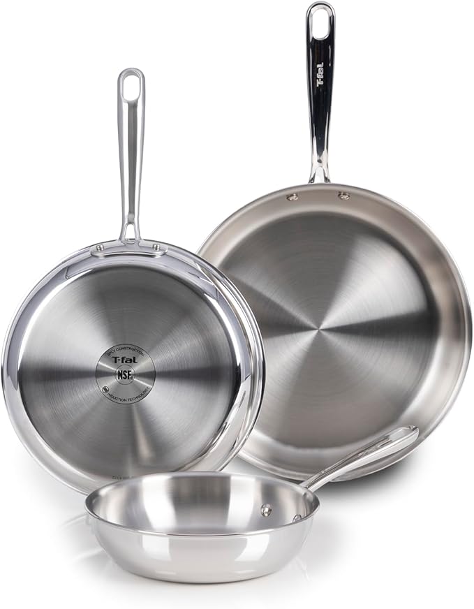 T-Fal Pro Tri-Ply Stainless Steel Cookware Set, 3-Piece Induction Cookware, Oven Safe 500F, Fast & Even Heat, Professional Quality, Durable Pots and Pans Set, Fry Pan, Silver