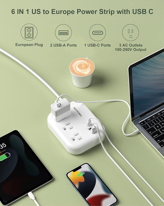 European Travel Plug Adapter with USB C, ROOTOMA Outlet Adapter US to Europe 3 Outlets 3 USB Ports, International Power Strip for EU Spain France Germany Iceland Greece, 3ft, White