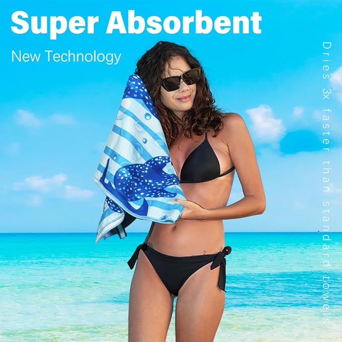 2 Pack Lightweight Thin Microfiber Beach Towel Sand Free Quick Dry Absorbent Compact Soft Pool Swim Travel Towels Extra Large Oversized Beach Accessories Packable Essentials Stuff Gifts for Adult