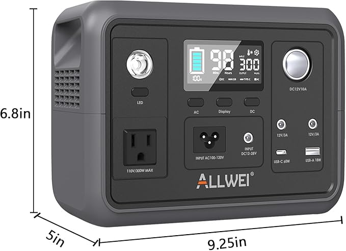 Portable Power Station 300W (Peak 600W), ALLWEI 256Wh Solar Generator with 60W USB-C PD Output, 110V Pure Sine Wave AC Outlet Backup LiFePO4 Battery for Outdoors Camping Travel Home Blackout