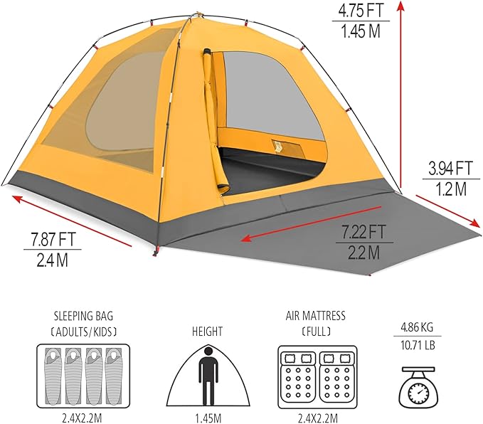KAZOO 2／4 Person Camping Tent Outdoor Waterproof Family Large Tents 2/4 People Easy Setup Tent with Porch Double Layer