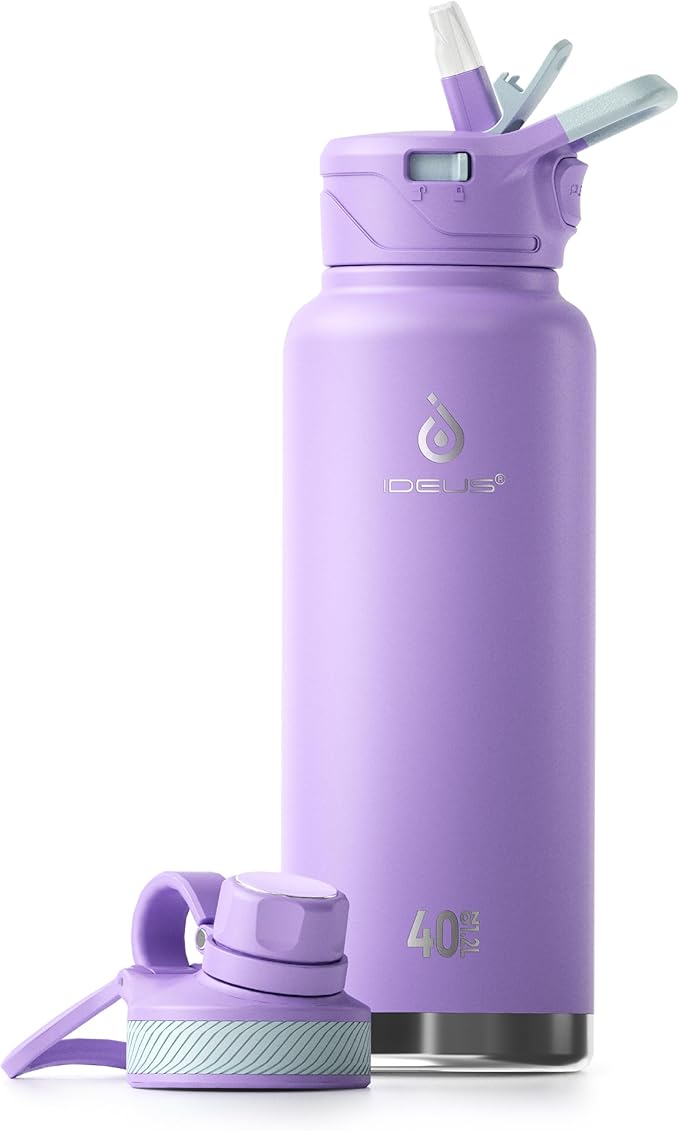 IDEUS Insulated Stainless Steel Water Bottle with 2 Leak-Proof Lids, Thermal Water Flask for Hiking Biking, 40oz, Violet