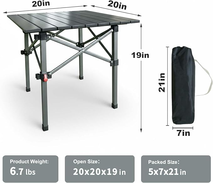 Folding Camping Table, Portable Lightweight Beach Tables for Sand Foldable, Aluminum Roll-up Folding Square Table for Outdoor Camping, Picnic, Card, Travel (Black)