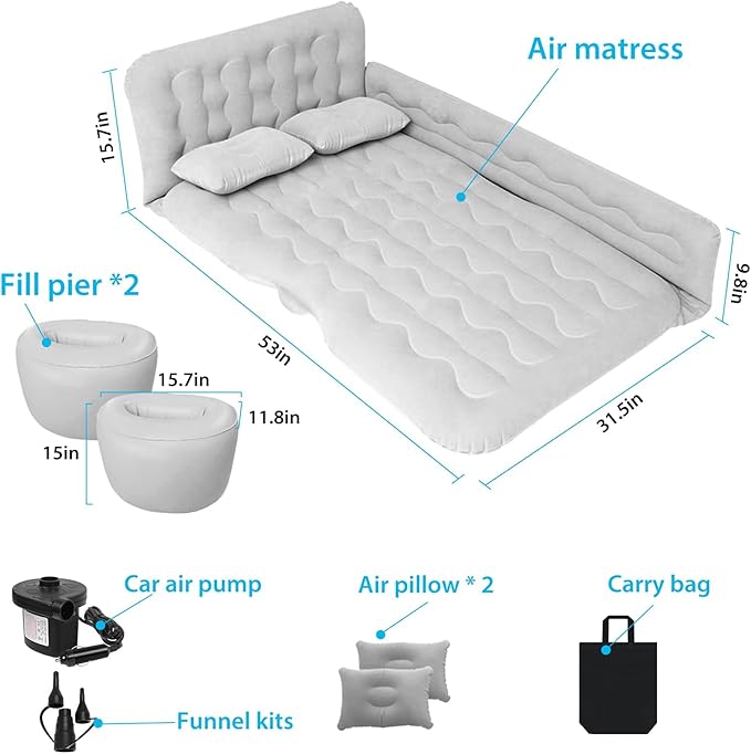 ISWEES Car Bed SUV Air Mattress, Car Air Mattress with Electric Pump, 2 Inflatable Pillows and 2 Footrests for Back Seat, Side Seat,Trunk Sleeping, Thickened Camping Bed - Grey