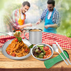 Stainless Steel Camping Cutlery Set - 8 Piece, Includes Spoons, Mugs, Bowls, Plates, Rags & Organizer Straps - Easy to Carry for Backpacking, Camping, Hiking and Picnics