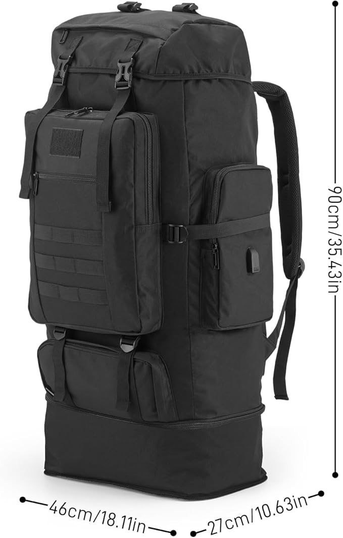100L Hiking Backpack Tactical Military Molle Rucksack with USB Charging Port - Large Capacity Men Women Camping Gear for Backpacking, Trekking, Climbing, Outdoor Travel (Black)