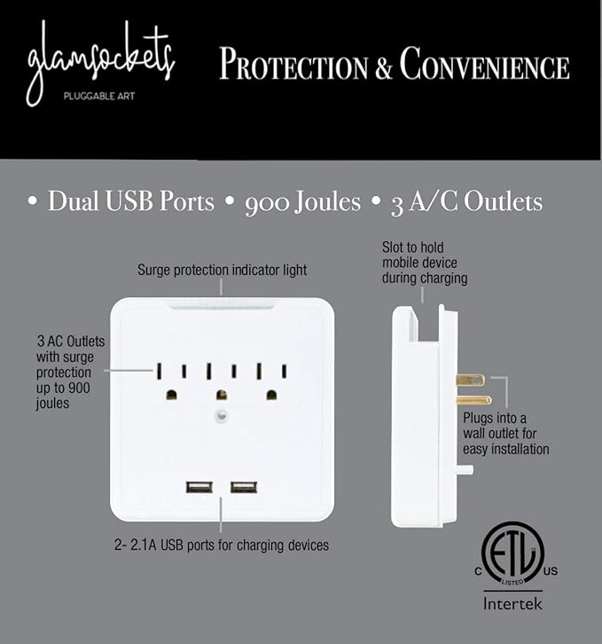 Glamsockets Decorative Wall Mount Surge Protector with 3 Outlets, Dual USB Charging Ports and Phone Holder - USB Charging Center/Multi Function Wall Tap (Vintage American Flag)