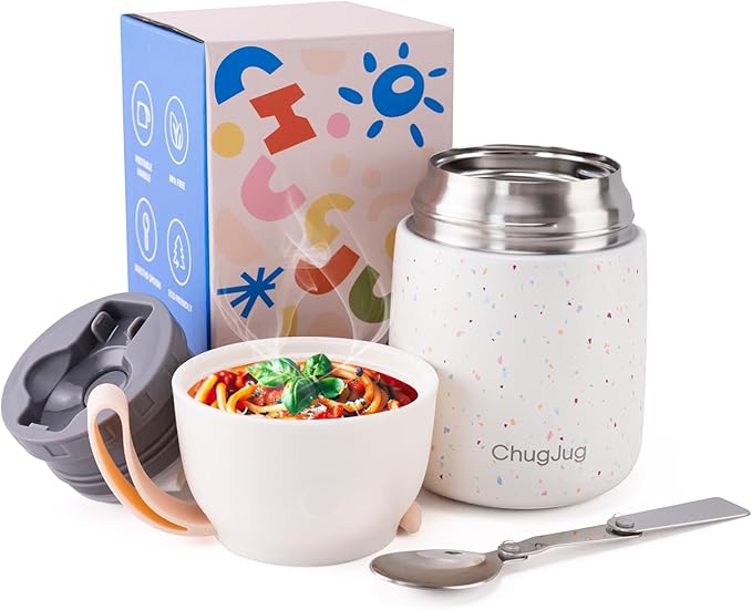 Thermo for Hot Food for Adults Kids | Wide Mouth, 18 oz Insulated Food Jar with Spoon, Leakproof Soup Thermo for School Office Travel, Thermal Steel Lunch Container Easy to Carry (White)