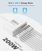 USB C Charging Station 10 Port with 4 USB Cables, 200W GaN Type C Charger Block, Wall Charger Power Strip Adapter Plug for iPad iPhone17 16 15 14 13 12 Pro Max Pixel Note Galaxy