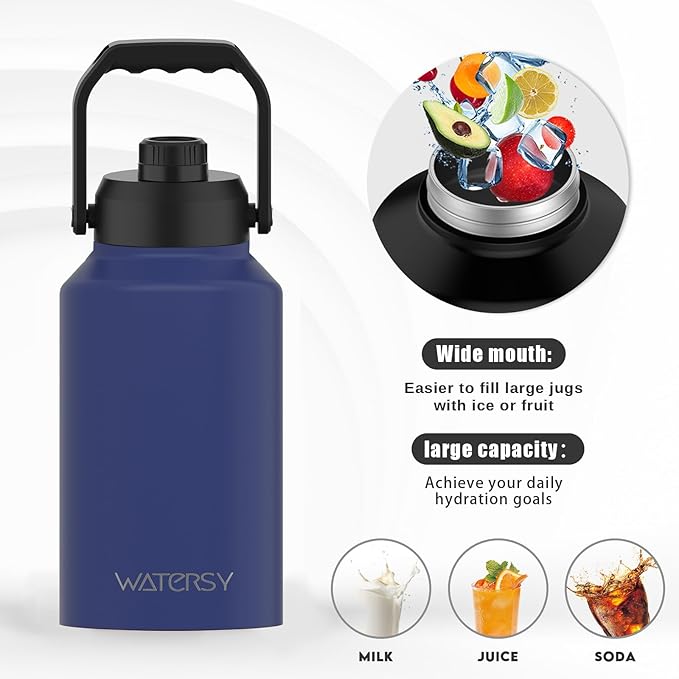 WATERSY 2/3 Gallon Water Bottle Insulated(Cold for 48 Hrs),BPA Free&Leak Proof,87oz Stainless Steel Water Jug/Flask,Big thermo,Large Water Bottle with Handle for Gym,Hiking,Camping,Deep Blue