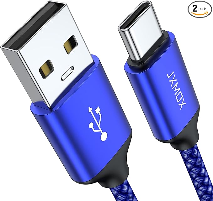 JXMOX USB Type C Cable (6.6ft 2-Pack), USB-A to USB C 3A Fast Charging Cord Compatible with iPhone 15 16 Pro Max, Samsung Galaxy S22 S21 S20 Ultra S10 S9 S8, Note 10 9 8 A80 A70, USB C Charger (Blue)