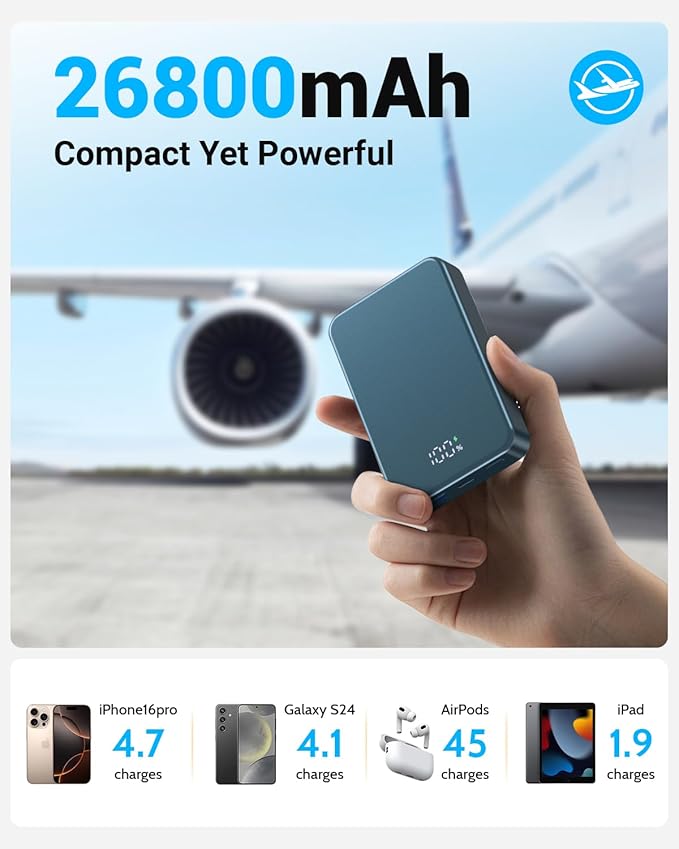 Magnetic Power Bank 26800mAh for Magsafe Portable Charger, Aluminum Alloy Large Capacity 20W USB-C in&Out Wireless Fast Charging for iPhone 17/16 Plus Pro Max/15/14/13/12 Series, Blue