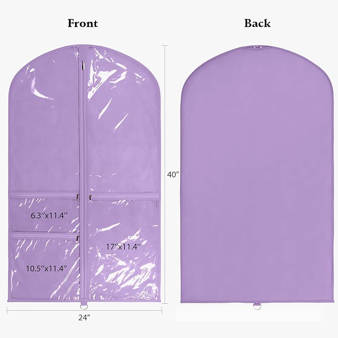 Univivi Dance Costume Bags Garment Bag 40 Inch Hanging Clothes for Dance Competitions, with 3 Medium Clear Zipper Pockets for Dance Costumes, Closet Storage (Purple)