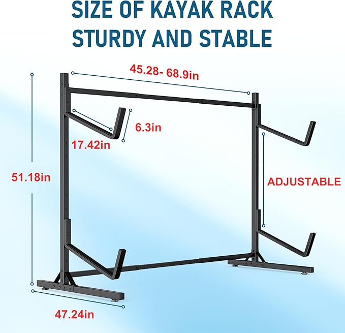 Kayak Storage Rack, Heavy Duty Freestanding Kayak Rack for Garage and Outdoor Storage, Kayak Stand Adjustable for Kayak, Canoe, Surfboard and Paddle Board
