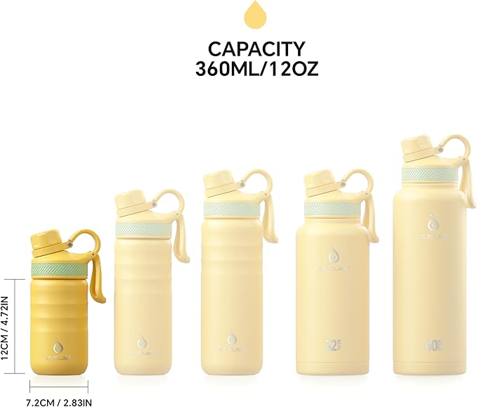 IDEUS Insulated Water Bottle 12oz, Stainless Steel Insulated Water Bottle For School, Insulated Bottles With Straws Leakproof, Vacuum Double Wall Water Bottles For Boys And Girls With 2 Lids, BPA Free