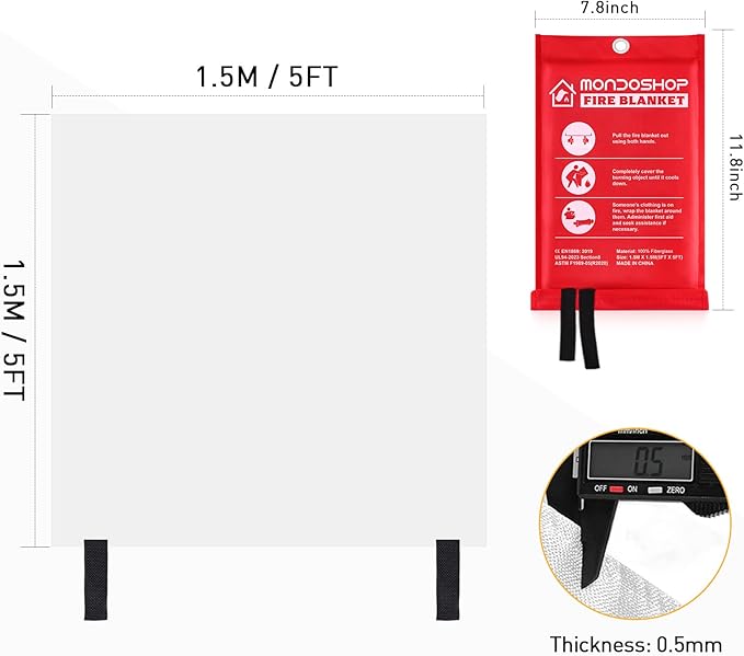 Mondoshop Fire Blanket Emergency for Home and Kitchen - 2 Pack 60"x60" Fire Blankets Fire Resistant Blanket for Camping, Grill, Car, Office, Warehouse, School, Picnic, Garages, Workshops