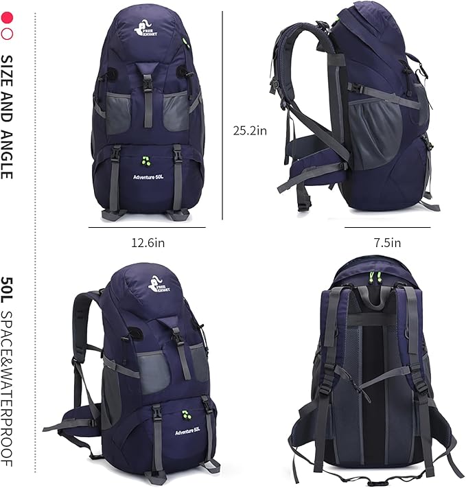 Bseash 50L Hiking Backpack, Water Resistant Lightweight Outdoor Sport Daypack Travel Bag for Camping Climbing Skiing Cycling (Dark Purple - With Shoe Compartment)