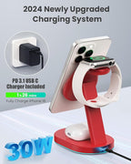 3 in 1 Wireless Charger Charging Station for iPhone,Qi2 Certified 15W Magnetic Charging Stand for Mag-Safe with 30W USB C Adapter&Friendly Night Light for iPhone 16/15/14/13/12,Apple Watch,AirPods