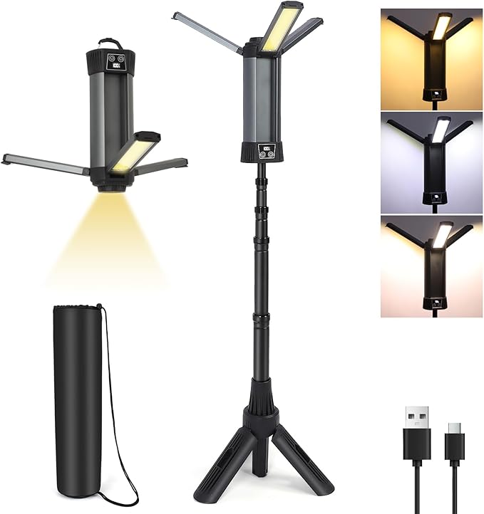 Rechargeable LED Work Light with Stand, 2000LM 3000/6000K Dimmable Cordless Work Light with 5 Lighting Modes and 3 Brightness, Portable Solar Job Site Lighting Kit