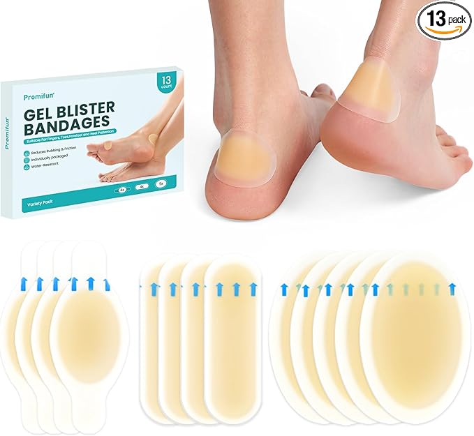 Hydrocolloid Gel Blister Bandages Pads - Promifun Waterproof Adhesive Blisters Bandages - Blister Pads for Heel, Foot, Toe, Feet - Gel Blister Chshions for Prevention & Recovery (13ct, Variety Pack)