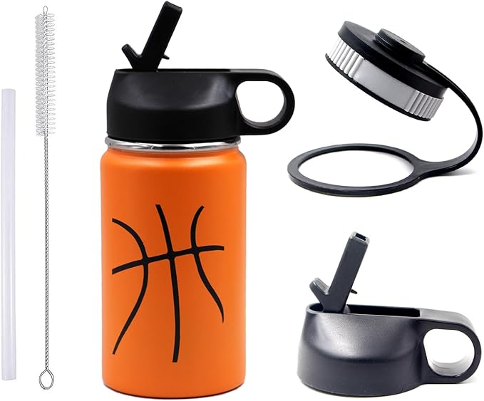 12 oz Basketball Water Bottle, Sports Cup Flask Metal Travel Mug with 2 Lids, Stainless Steel Double Wall Vacuum Leak Proof Insulated Water Bottles, Basketball Accessories Stuff Gifts for Boys Girls