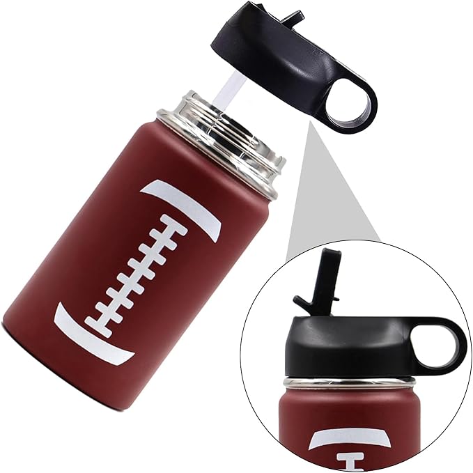 12 oz Football Water Bottle, Sports Cup Flask Metal Thermal Travel Mug with 2 Lids, Stainless Steel Double Wall Vacuum Insulated Leak Proof Water Bottles, Football Accessories Gifts for Mom Boys Girls