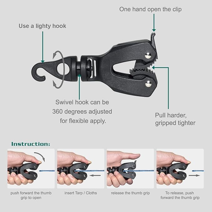 ORXPLUS TOOLS 2pcs ONE-HANDED TARP CLIPS with HOOK Tent Clips Awning Clamp Set Tent Clamps for Camping Canopies, Car Cover, Winter Boat Cover, Pool Cover, Sun Shade