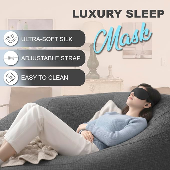 Luxury Sleep Mask – Pack of 2 Ultra-Soft Silk Eye Covers with Adjustable Strap & Soft Ear Loops, 3D Contoured Light Blocking Sleeping Mask for Travel, Naps & Relaxation(Black & Black)