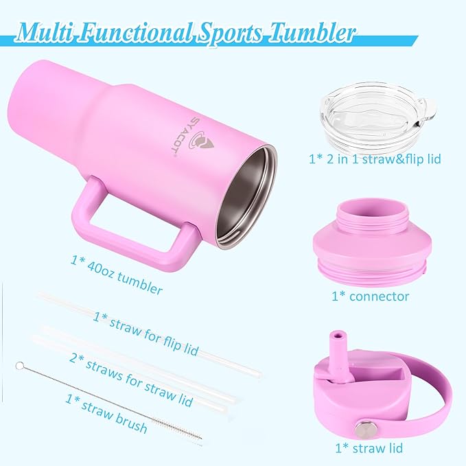 40 oz Tumbler with Handle and Straw or Convert to 40 oz Insulated Water Bottle Fits in Cup Holder. Stainless Steel Metal Water Flask with 2 Lids for Travel,Camping,Gym Sports Coffee Mug Thermal Cup