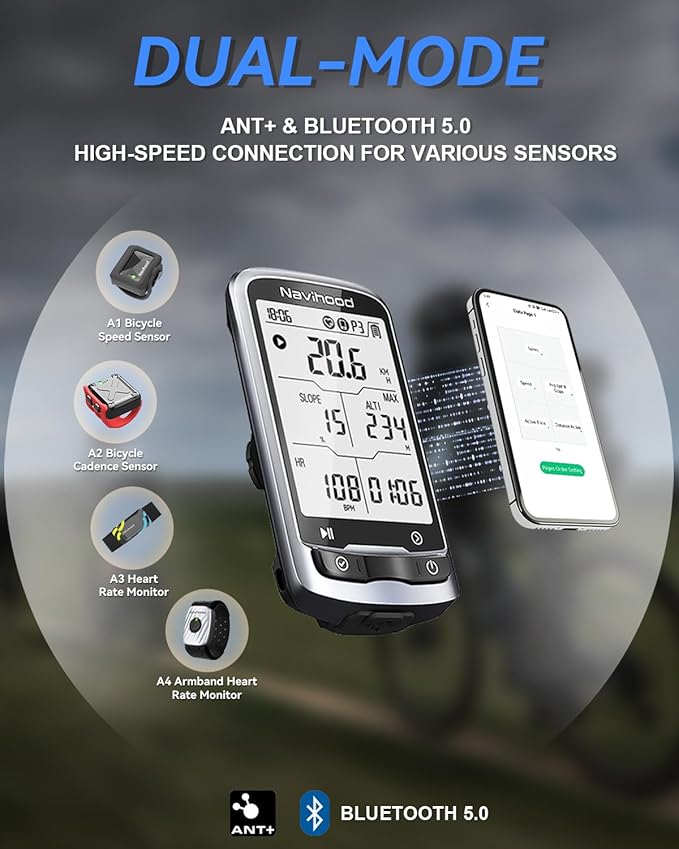 L4 Entry Level GPS Bike Computer Wireless, Laminated 2.3" Screen, Ultra Thin and Lightweight Bike Speedometer, IPX7 Waterproof, Bluetooth ANT+ Cycling Computer