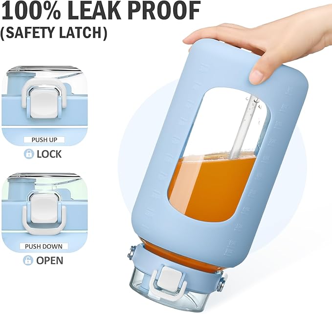 BLUEGO 84oz Water Bottle Glass with Stainless Steel Handle Large 2.5l Water Bottle with Time Markers and Silicone Sleeve Half Gallon Water Jug BPA Free for Gym Daily Use, Blue