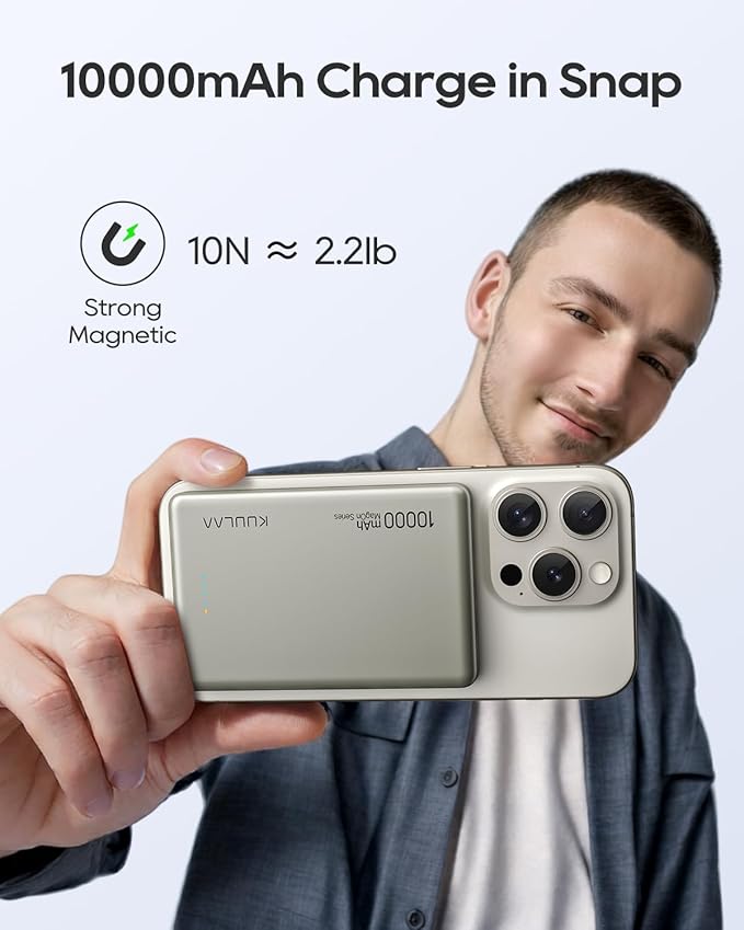 Kuulaa 10000mAh Magsafe Battery Pack 0.47IN Ultra Slim Magnetic Portable Charger Wireless Magsafe Power Bank Compatible with iPhone 16/15/14/13/12 Series
