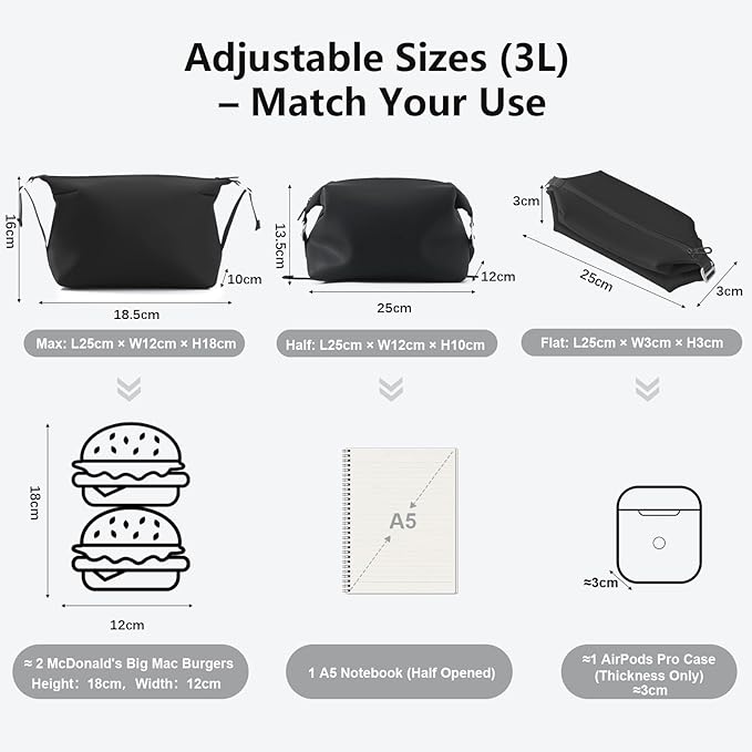 Vomgomfom 3L 6.5 Inch Silicone Toiletry Bag, Waterproof Leakproof Travel Cosmetic Organizer, Adjustable G-Buckle Compression Dopp Kit, Foldable Makeup Bag for Women & Men, Black