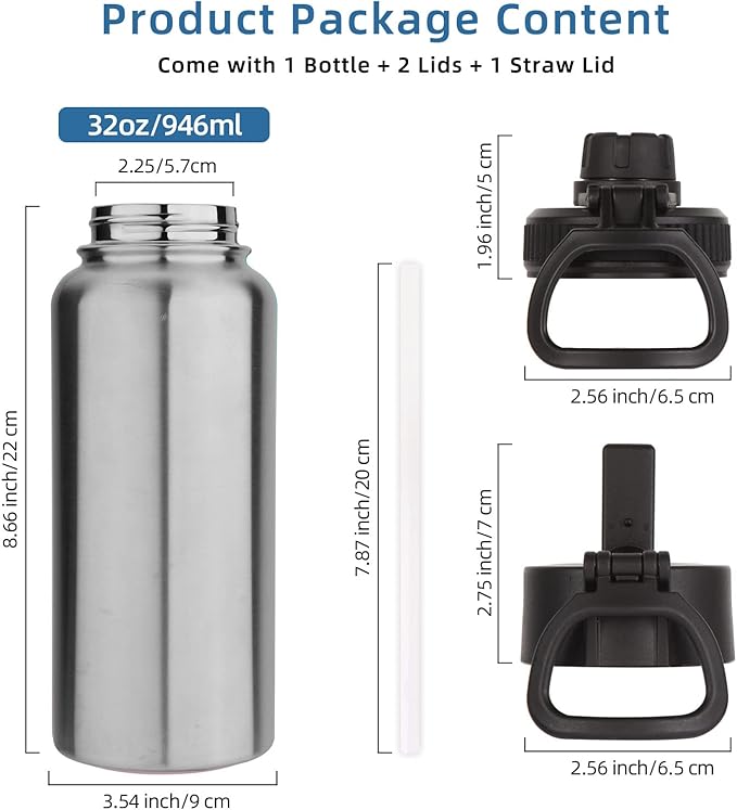 Volhoply 32 oz Insulated Water Bottle with Straw Lid and Spout Lid,Stainless Steel Sports Water Bottle,Double Wall Vacuum Cups,Leakproof Metal Flask with Wide Mouth for Hiking,Camping(Silver,1)
