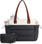 LOVEVOOK Tote Bag for Women with Giant Tumbler Holder Pocket, Puffer Work Travel Laptop Handbag with Zipper for Nurse Teacher