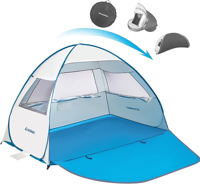 Pop Up Beach Tent for 4 Person with UPF 50+ Protection，Automatic Easy Setup Waterproof Beach Shade，Lightweight and Portable Beach Tent Sun Shelter - Light Blue
