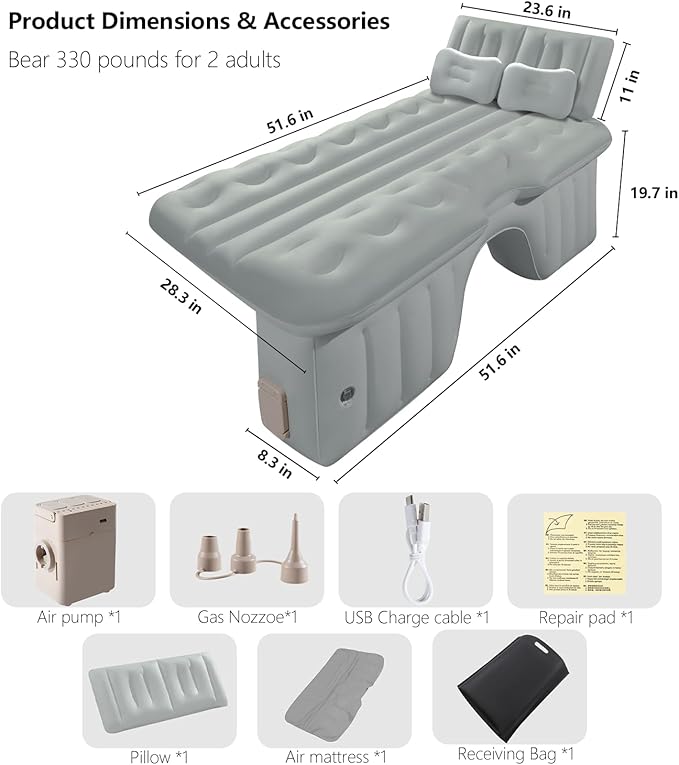 BEBAS Self-Inflating SUV Air Mattress Car Back Seat Bed, PVC Flocked Surface Car Air Couch Cushion Built-in Charging Pump for Rapid Inflation and Deflation. Gray