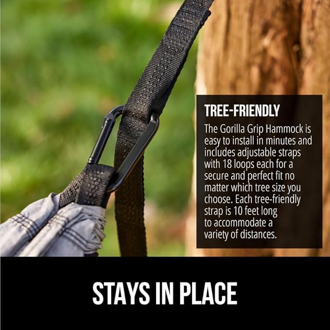 GORILLA GRIP Durable Portable Camping Hammock, Holds 500lbs with Heavy Duty Tree Straps, Comfortable Travel Swing, Camp Hammocks, Easy to Use and Install, Outdoor Essentials, Black, 10x6.5 FT