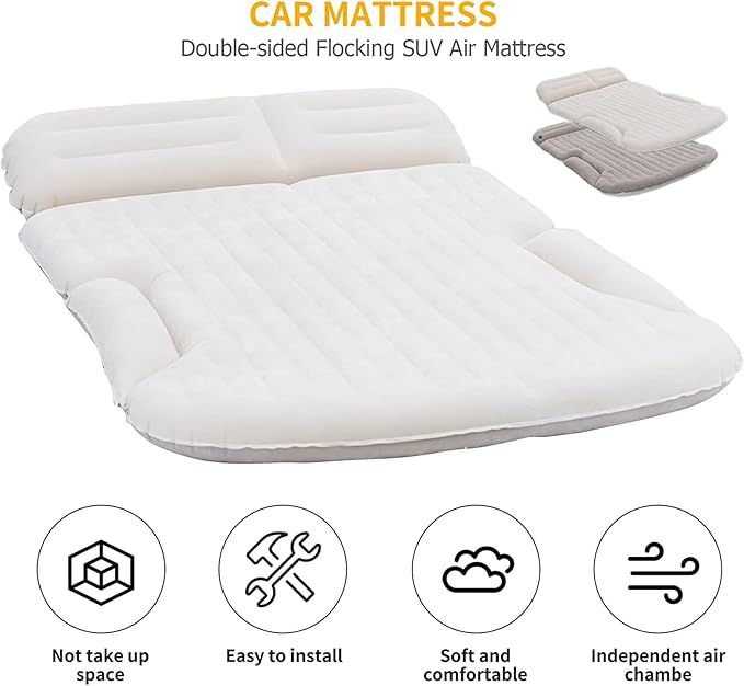 KMZ SUV Air Mattress Thickened and Double-Sided Flocking Travel Camping Bed with 2 Pillows & Electric Pump Dedicated Mobile Cushion Inflatable Bed for SUV Trunk and Rear Seat (Beige and Coffee)