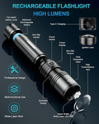 Flashlight Rechargeable 1500 High Lumens with Ignition Lens, LED Super Bright Zoomable Flash Light, 5 Modes Waterproof Handheld Powerful Tactical Flashlights for Emergency Camping Essentials