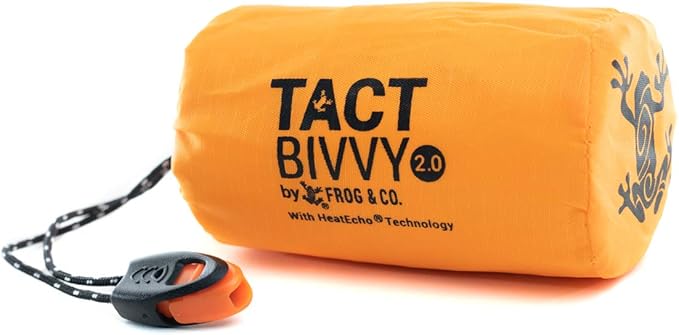 Survival Frog Tact Bivvy 2.0 Emergency Sleeping Bag w/Stuff Sack, Carabiner, Survival Whistle, ParaTinder - Compact, Lightweight, Waterproof, Reusable, Thermal Bivy Sack Cover, Shelter Kit