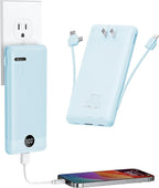 VRURC Portable Charger with Wall Plug and Cables, 10000mAh Power Bank with 22.5W Fast Charging USB Port,4 Outputs Dual Inputs Slim Compact Rechargeable Battery Pack Travel Accessories-Blue(1 Pack)