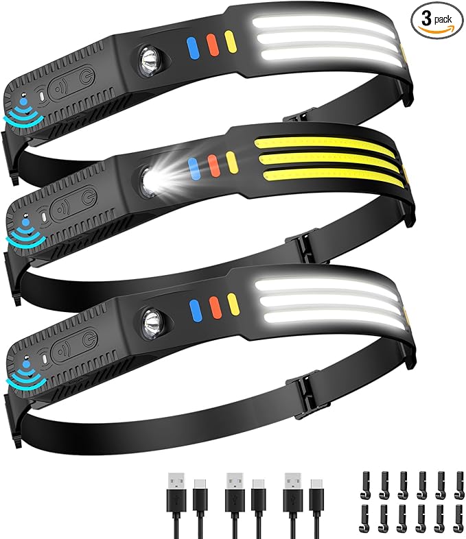 Lsnisni Headlamp Rechargeable 3 Pack, 230° Wide Beam Head Lamp LED, Head Flashlight with Motion Sensor, 5 Mode Head Lights for Forehead, Waterproof Headlamps for Adults Hiking Camping Gear
