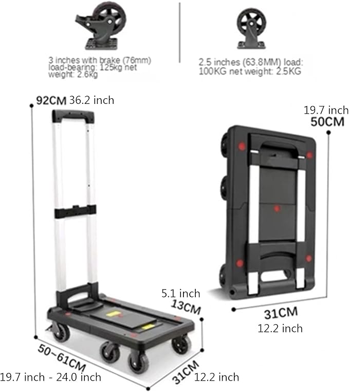 Push Cart Folding Platform Truck Plastic Push Cart Heavy Duty Portable Trolley with Retractable Assis for Luggage Travel Moving Office Platform Hand Truck (Small Black)