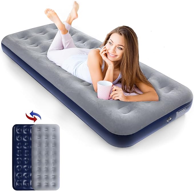 Camping Air Mattress Inflatable Air Bed Flocked Surface Travel Bed Sleeping Pad Air Bed for Outdoor Camping Tent Guest Travelling（Navy Blue ）