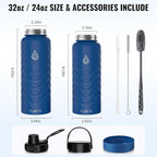 24oz Stainless Steel Insulated Water Bottle, 48H Ice Cold & 24H Hot, Leak-Proof Wide Mouth Lids (Straw & Spout), BPA-Free Bottles, Mens Water Bottle for Gym, Hiking, Travel - Blue
