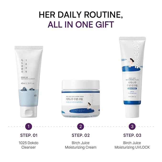 ROUND LAB Hydrating Skin Care Gift Set - UV Lock Sunscreen + Moisturizer + Face Wash Mini Size, Daily Skin Care Routine with Hyaluronic Acid, Travel essentials, Gifts for Women, Korean Skin Care Set